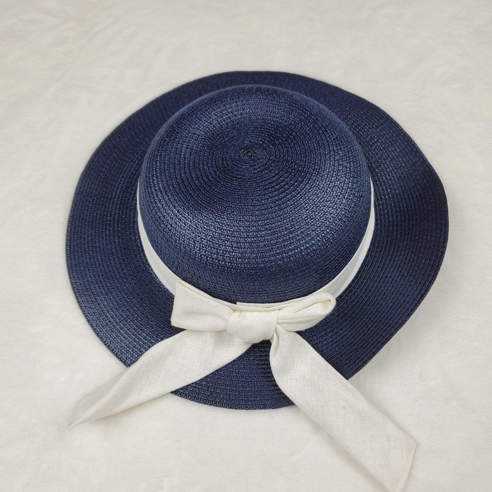 Vintage Navy Straw Kids Hat with Ribbon